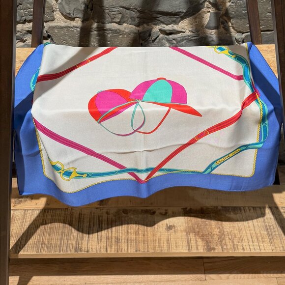 Celine Vintage Ivory Blue Hat Print Silk Square Scarf - Picture 2 of 9